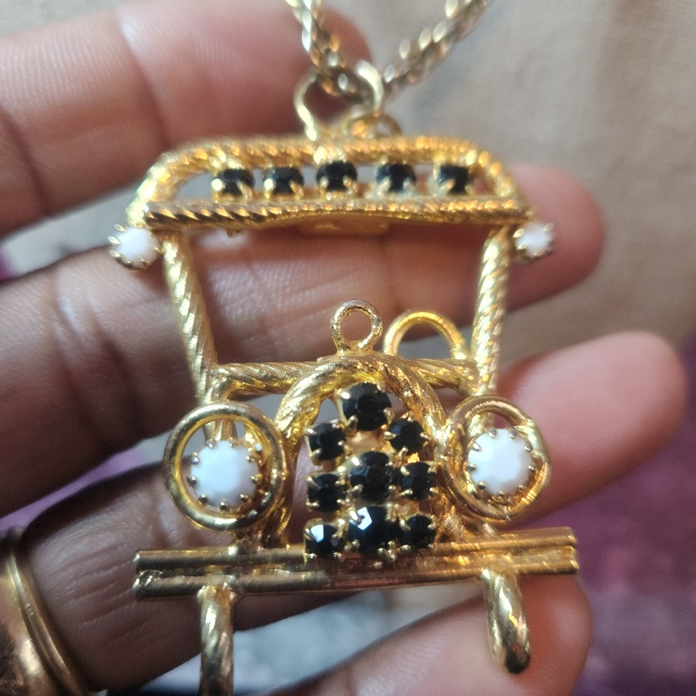 Vintage Gold‎ Tone Rickshaw Pendant Necklace Black Rhinestone White Cabochon